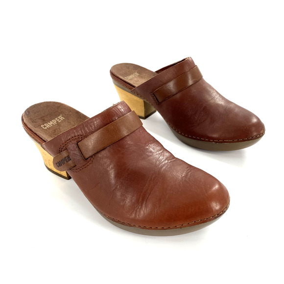 Camper Mules Clogs Slip On Womens Size EU 37/US 6 Brown Leather Wooden Heel - Picture 2 of 11
